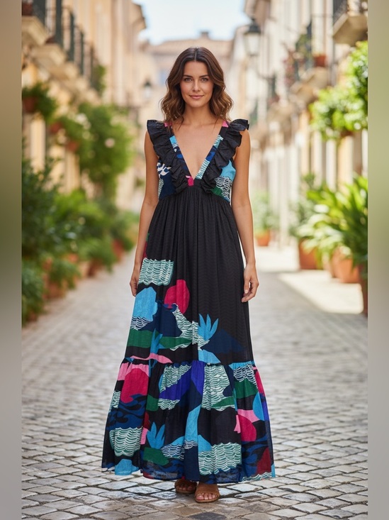 Oliphant Dresses & Skirts - NWT Oliphant Ruffle V-Neck Maxi Dress in Pacifica Waves Print Size M
